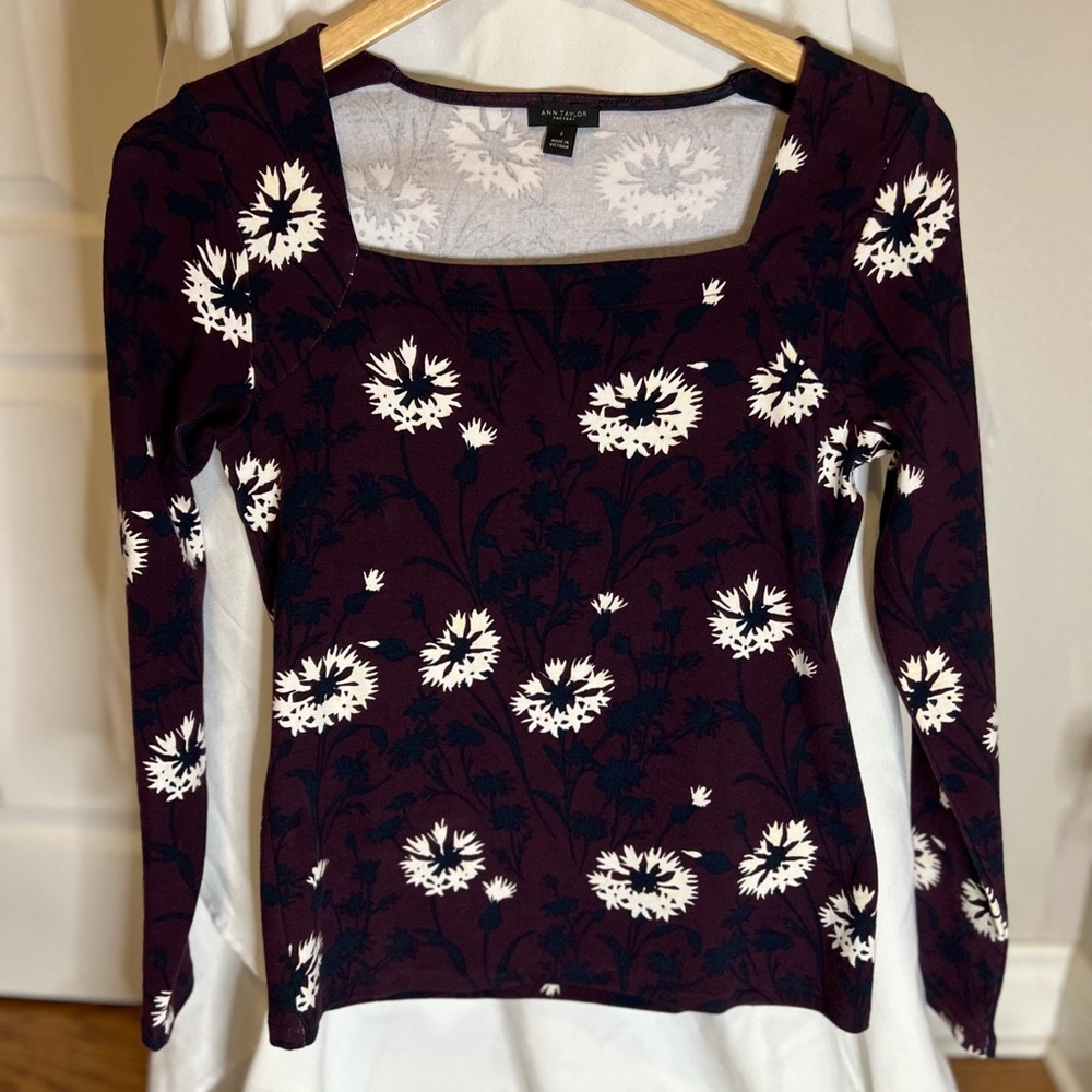 Ann Taylor long sleeve maroon/dark purple top with flower print.   Cotton blend